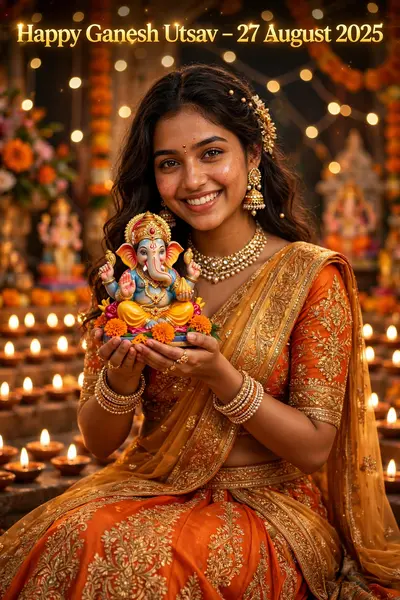 Ultra-realistic festive portrait of the same young Indian woman from the reference image, smiling and holding a colorful Lord Ganesha idol in her