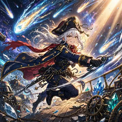 Cinematic anime still of a star pirate captain on a comet-lit deck in vibrant cel-shaded anime style, caught at the peak of motion. Soft volumetric