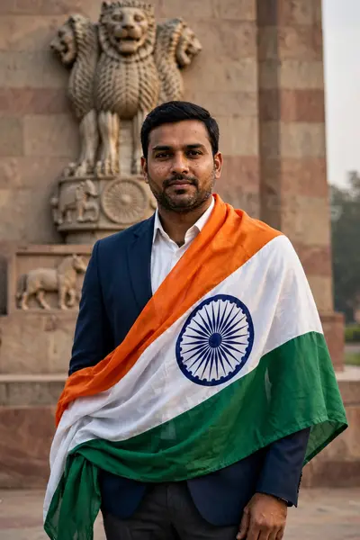 A POWERFUL, ULTRA-REALISTIC PORTRAIT OF A CONFIDENT INDIAN MAN STANDING IN FRONT OF THE ASHOKA PILLAR EMBLEM, WEARING A FITTED BLAZER AND FORMAL