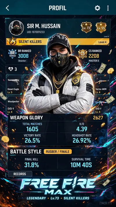 9:16 digital gaming postar for free fire max player use the uploaded in game profile screenshot as the full background without hiding. Ensuring the