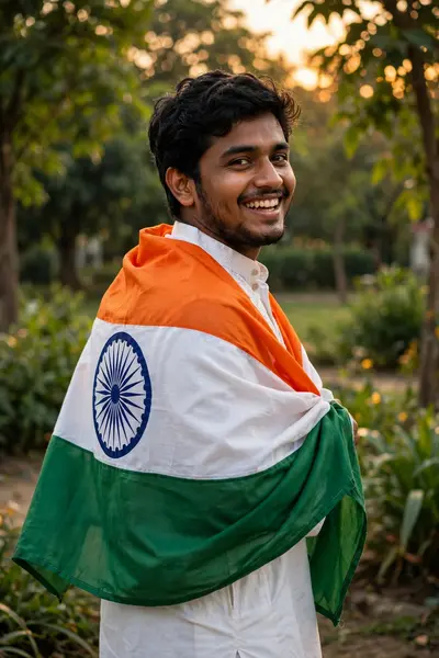 Wrapped in pride, smiling with freedom Create a vibrant portrait of a joyful young man celebrating Indian pride, wrapped in the Indian national flag