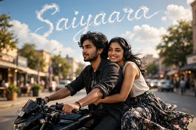A young South Asian couple cruising through a city street on a black motorcycle, with a clear blue sky and fluffy clouds overhead. The word