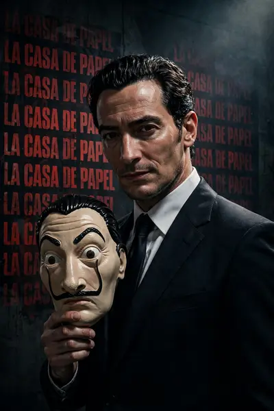 A cinematic poster-style portrait of me as the mastermind from La Casa de Papel, standing in front of a wall printed with the repeated words ‘LA CASA