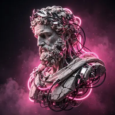 A futuristic chrome bust of a classical philosopher, cables and neon tubes woven through the marble, floating in a gradient void, vaporwave 3D