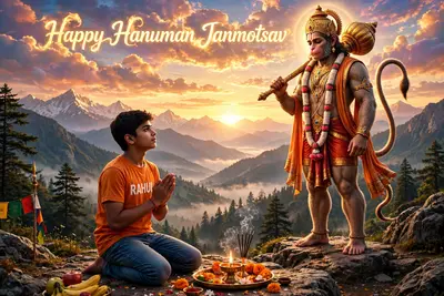 A majestic image of Lord Hanuman stands tall against a backdrop of serenemountains and a colorful sunrise. In the foreground, an 18-year-old boy clad
