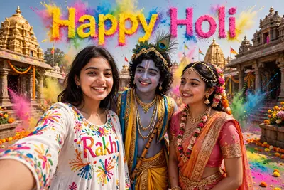 Create a realistic image in which, a realistic 20 year old Girl with Lord Krishna and Radha wearing a colorful white Gown with her name "Rakhi" is