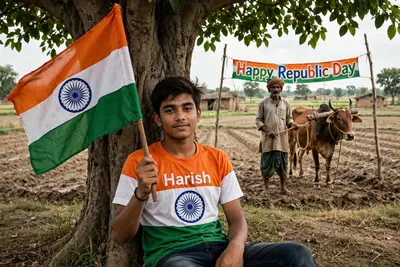 Ultra Realistic Image where an 18 year old boy sitting under a tree in a field, holding the Indian flag. He is wearing a tricolor T-shirt with the