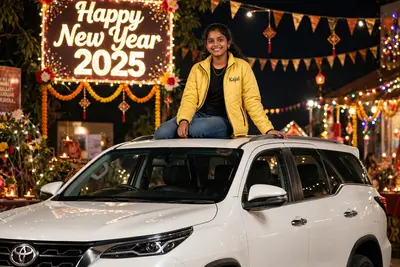 18-year-old Indian girl is sitting on top of a fortuner car, looking very beautiful, happy and relaxed. The girl is wearing a Yellow jacket with the