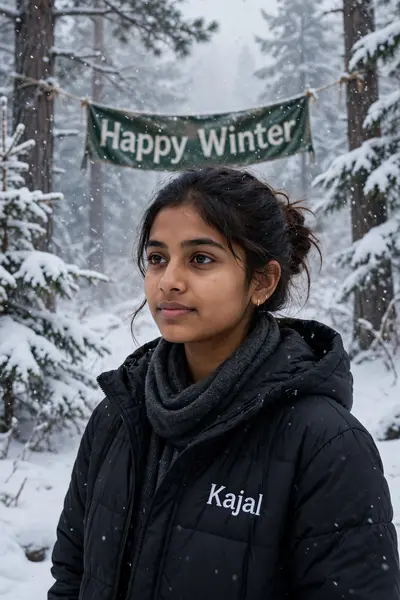 Create a realistic picture with snowfall in which there are some snowy trees. And a 20-year-old Indian girl is wearing a black jacket with the name