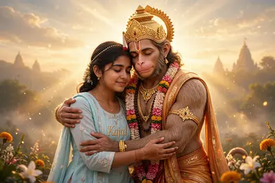 A touching moment of a 21-year-old Indian girl named Kajal hugging a compassionate Hanuman Ji. She is dressed in plain pastel-colored traditional