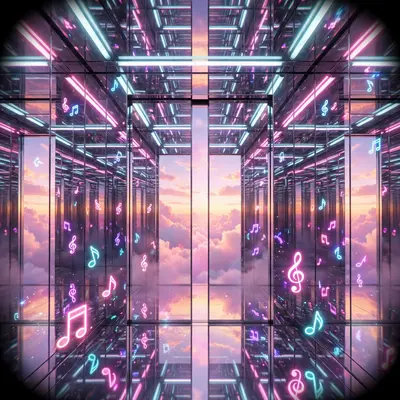 A mirrored elevator interior with infinite reflections, muzak notes floating as neon glyphs, doors opening onto a pastel sunset void, vaporwave