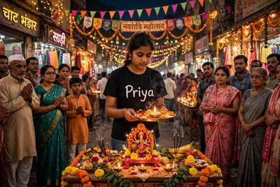 A Navaratri night scene in a bustling chowk. 18 old girl named Priya stands at the center, performing pooja before a small Durga shrine placed on