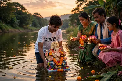"A serene riverbank at sunset. An 18-year-old boy named Aditya, wearing a white t-shirt with 'ADITYA' clearly printed on it, stands knee-deep in