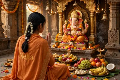 18 years old Girl sit in front of a beautifully decorated idol of Lord Ganesha, placed in traditional temple setting. The Girl has her back to the