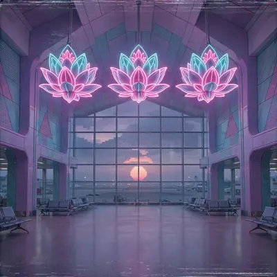 An empty airport terminal at dusk, giant neon lotus sculptures hanging from the ceiling, windows framing a pixel sun over the tarmac, vaporwave