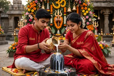 A young couple, both 20 years old, is seated, reverently pouring milk from a golden kalash over a Shivling with both hands. In front of them stands a
