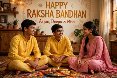 Two young boys, ages 16 and 18 are celebrating Raksha Bandhan with their 15-year-old sister. The girl wear matching pink salwar kameez outfits, while