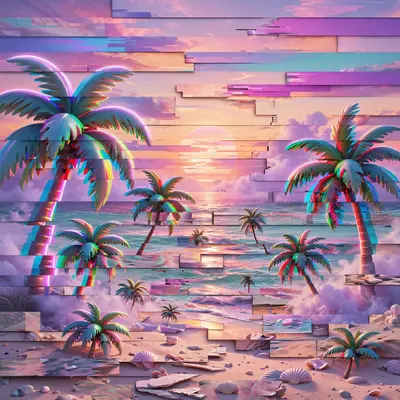 A beach sunset glitching into horizontal slices, palm trees duplicated with RGB shift, vaporwave glitch art, VHS tracking errors, warm nostalgic