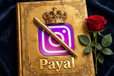 A golden book features a purple instagram logo adorned with a royal crown on top. A golden pen is placed diagonally across the logo. There is a red
