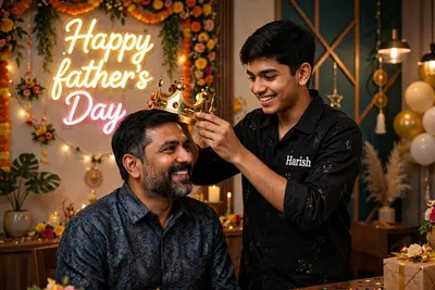 indian 18 year old boy putting king crown on man head and celebrating , father wearing beautiful Shirt and Boy wearing Stylist Shirt on which