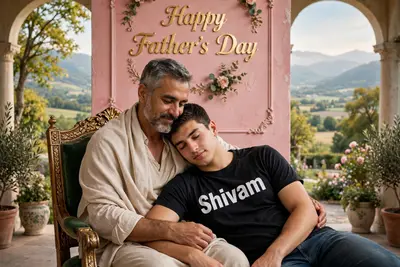 a scene: a man in his 50s elegantly draped in a shirts sits on a regal chair, a young man in his 20s reclining on her lap. Behind them, "Happy