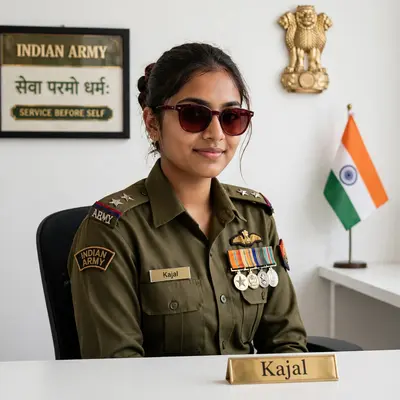A really beautiful profile picture: a 20-year-old girl in an Indian Army uniform with dark red sunglasses, sitting in an office chair at a white
