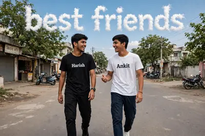 18 years old two indian boys walking on road, they are talking each other with laughing, first boy is wearing black T-shirt, with black pant, with