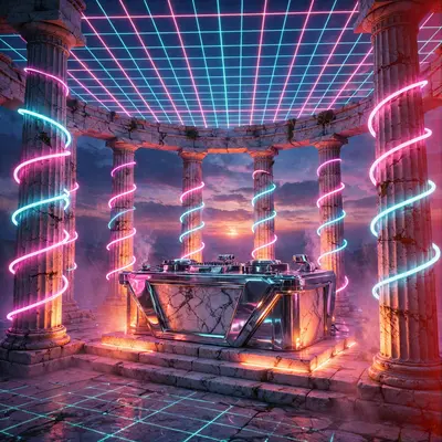 Greek temple columns wrapped in neon tubing, a DJ booth of chrome and marble at the altar, vaporwave 3D scene, laser grid sky at dusk, VHS grain