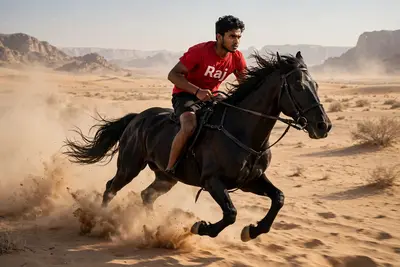 Raj, 18, with determination etched on his face, gallops across a vast desert landscape on a powerful black stallion. Dust rises behind them in a