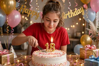 Create a 3d image in which a teenager girl cutting Cake wearing red color top with Name "Muskan" is written clearly on the Cake and 18 year candle
