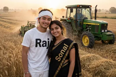 Create a realistic photo of 18 year old couple, boy and girl together at thier wheat farm. The boy is wearing a white T-shirt and pant and has a