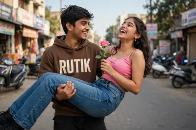 Create a image of 19 year old realistic indian Playful cute boy lifting laughing teenage girl in 15 year beautiful girl with girl pink color hot top