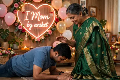 Create a realistic picture of a 55-year Old Mother wearing saree standing and blessing his A realistic picture of 22 year old son falls at his