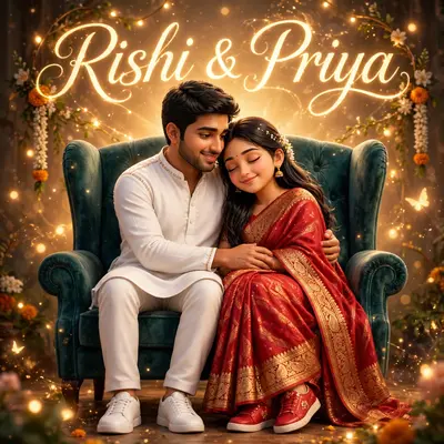 Create a magical 3D profile picture showcasing a young Indian couple, RISHI (around 25 years old) and PRIYA (around 23 years old), sharing a loving