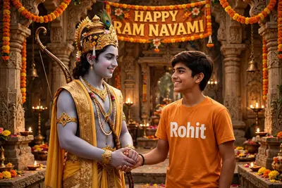 Imagine a picture where young Lord Rama, looking majestic with his bow, is holding hands with a teenage boy named Rohit. boy wearing a