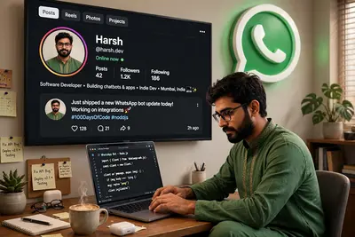 Create a 3D illustration featuring a realistic 26-year-old beautiful Beard boy busy Developing software in front of a 3D logo of “ WhatsApp ” The boy