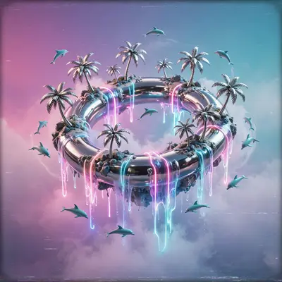 A looping island of chrome palms and neon waterfalls floating in a gradient sky, tiny dolphins orbiting it, vaporwave 3D diorama, VHS grain, blissful