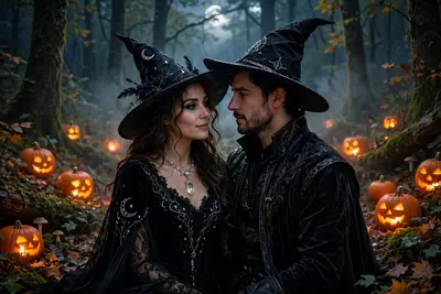 Romantic Halloween witch couple in moonlit forest, woman in witch gown with crystal orb, man in warlock coat with raven, jack-o-lanterns, glowing mist, full moo