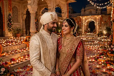 Regal Diwali couple in palace courtyard, man in ivory sherwani with turban, woman in red bridal lehenga, diyas and rose petals, fairy lights, fireworks, gold an