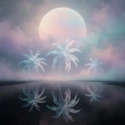 Ghostly translucent palm trees on a mirrored black plane under a huge pastel moon-sun, vaporwave minimalism, VHS grain, serene afterlife mood, soft