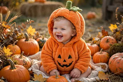 Adorable baby in plush pumpkin costume sitting among pumpkins, giggling expression, warm string lights, hay bales, autumn leaves, friendly Halloween decorations