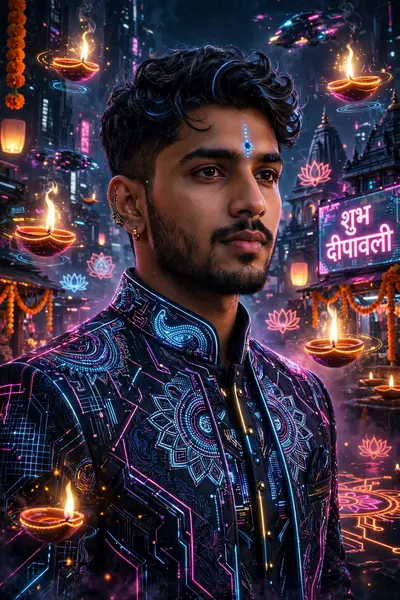 Cyberpunk Diwali fusion portrait, futuristic sherwani with LED patterns, floating neon diyas, holographic flames, futuristic Mumbai skyline, digital marigold ga