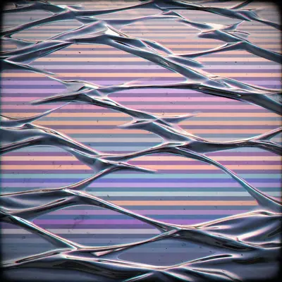 Aerial view of a liquid-chrome ocean reflecting a striped sunset, geometric waves frozen in metallic folds, vaporwave 3D render, VHS grain
