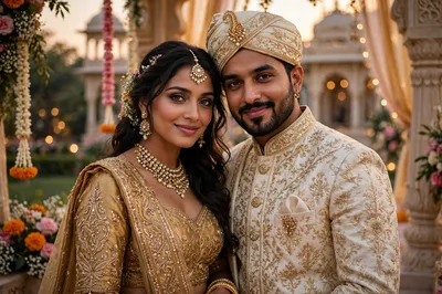 A highly romantic and intimate cinematic portrait of a young, attractive Indian couple in their mid-20s. The woman is extremely beautiful with sharp