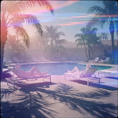 A 90s poolside scene drowned in VHS static, sunbathers as soft pastel silhouettes, palm shadows on concrete, vaporwave photography, heavy analog