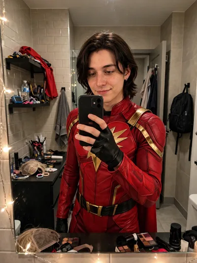 Create a highly realistic full-body mirror selfie of the SAME young man from the reference photo. Preserve his exact facial identity, hairstyle, skin