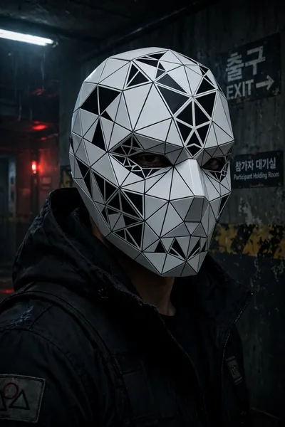 Cinematic front headshot of me standing, holding my black Squid game mask covering half of my face. Wearing A green tracksuits outfit from the Squid