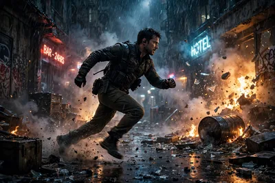 Dramatic cinematic movie-style action scene with intense lighting, AI photo prompt