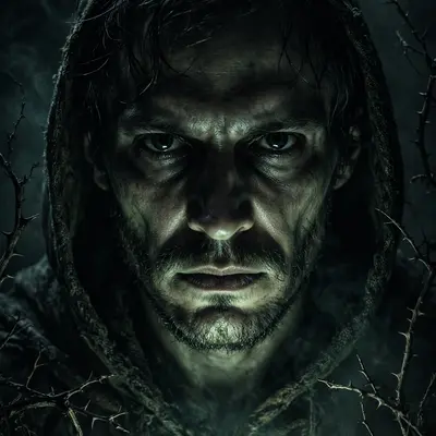 Create an ultra-realistic spooky atmospheric portrait. Subject: a person emerging from darkness, half their face illuminated by an eerie greenish ligh