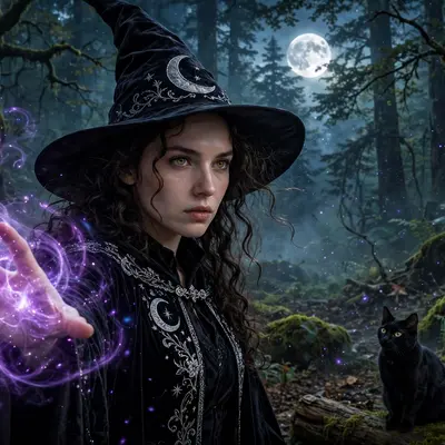 Create an ultra-realistic witch photoshoot portrait. Subject: a person as a beautiful powerful witch — long flowing dark hair with subtle purple highl